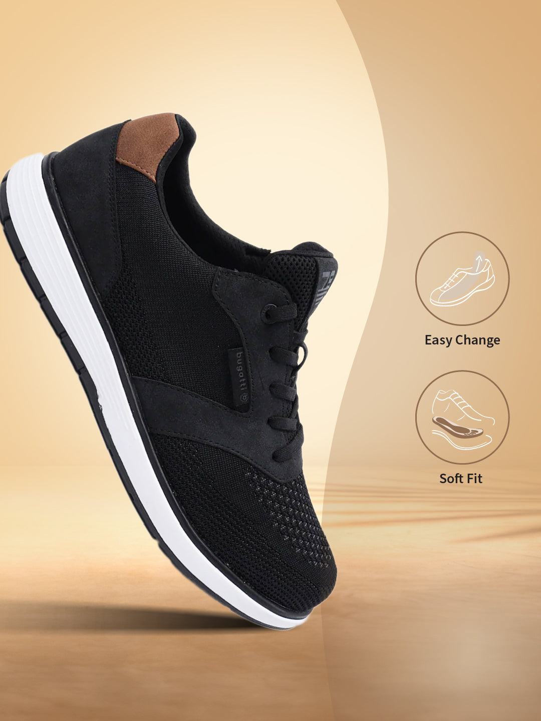 Black comfort sneaker by bugatti with a white sole and a brown heel accent.