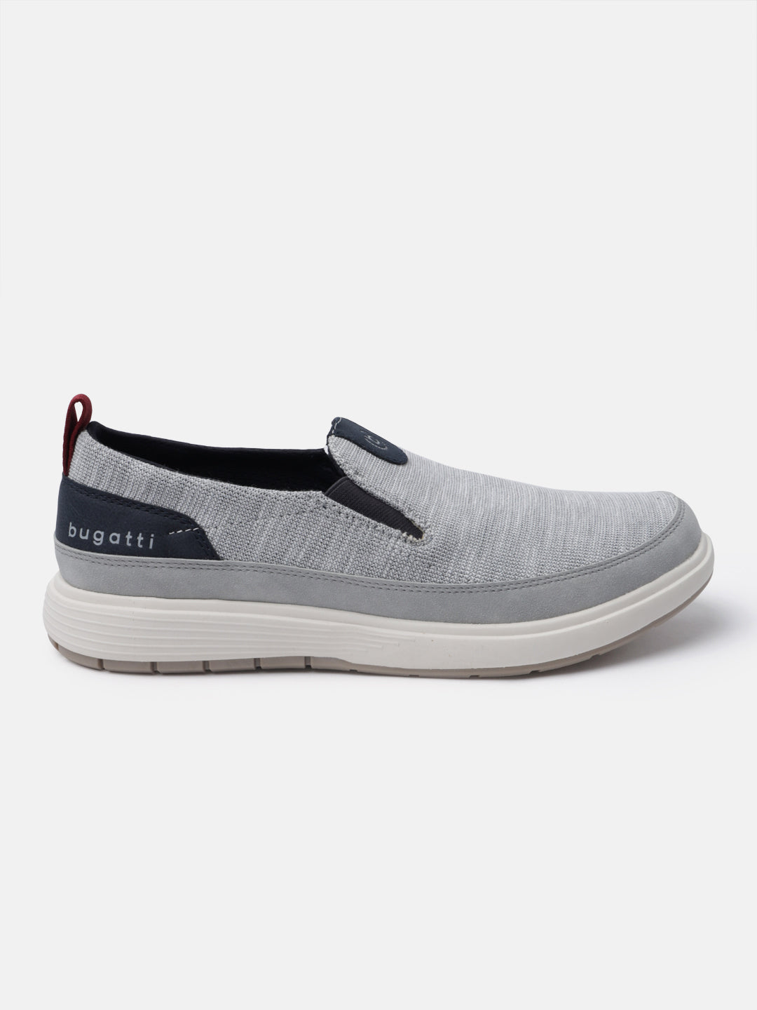 A grey Men's bugatti Casual Loafers featuring a round plain toe, zero heels heel. Made from synthetic with a durable eva outsole, this slip-on design offers both style and comfort.