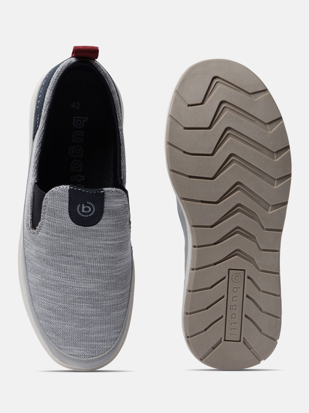 A grey Men's bugatti Casual Loafers featuring a round plain toe, zero heels heel. Made from synthetic with a durable eva outsole, this slip-on design offers both style and comfort.