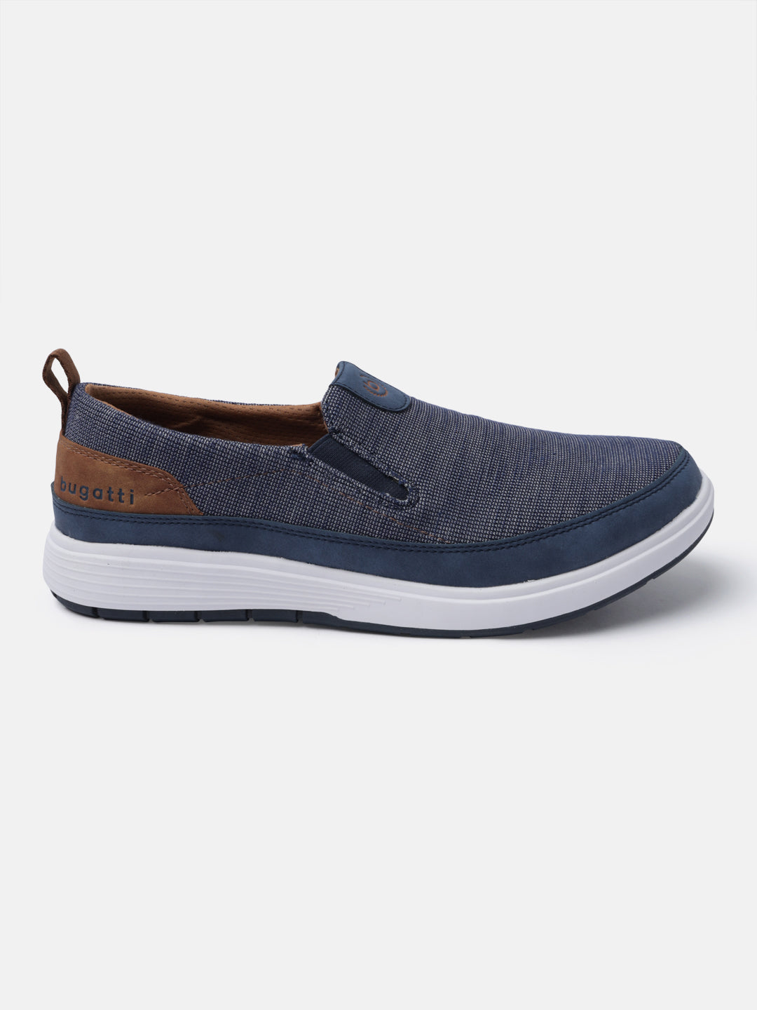 A blue Men's bugatti Casual Loafers featuring a round plain toe, zero heels heel. Made from synthetic with a durable eva outsole, this slip-on design offers both style and comfort.