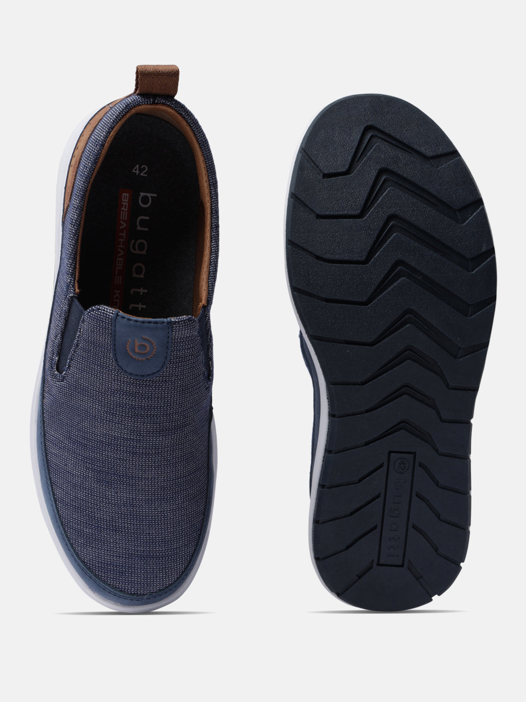 A blue Men's bugatti Casual Loafers featuring a round plain toe, zero heels heel. Made from synthetic with a durable eva outsole, this slip-on design offers both style and comfort.