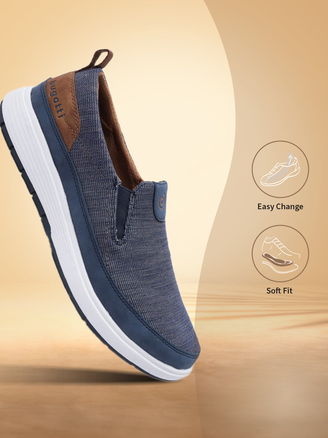 A blue Men's bugatti Casual Loafers featuring a round plain toe, zero heels heel. Made from synthetic with a durable eva outsole, this slip-on design offers both style and comfort.