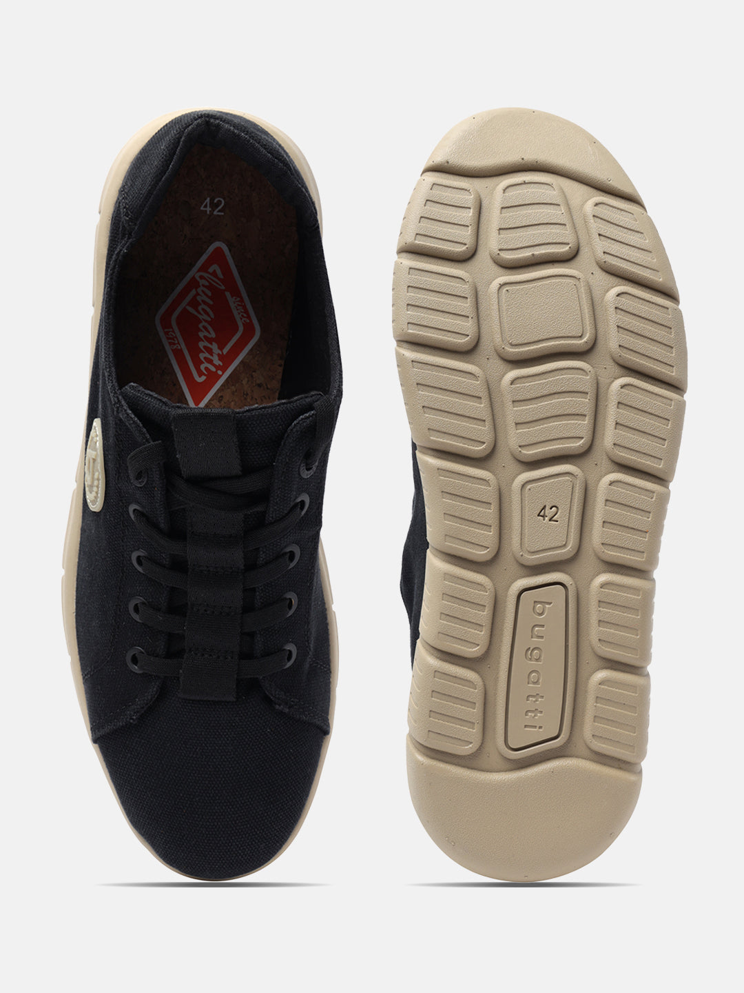 A black Men's bugatti Sneakers featuring a round plain toe, zero heels heel. Made from textile with a durable eva outsole, this laces design offers both style and comfort.