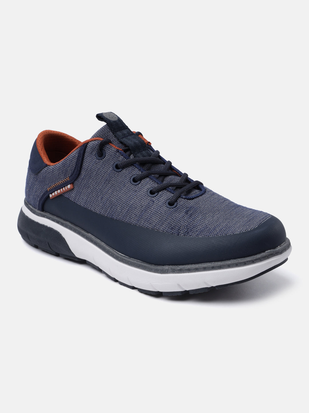 Dark blue comfort sneakers by bugatti, with blue knit upper, white sole, and tan colored lining.