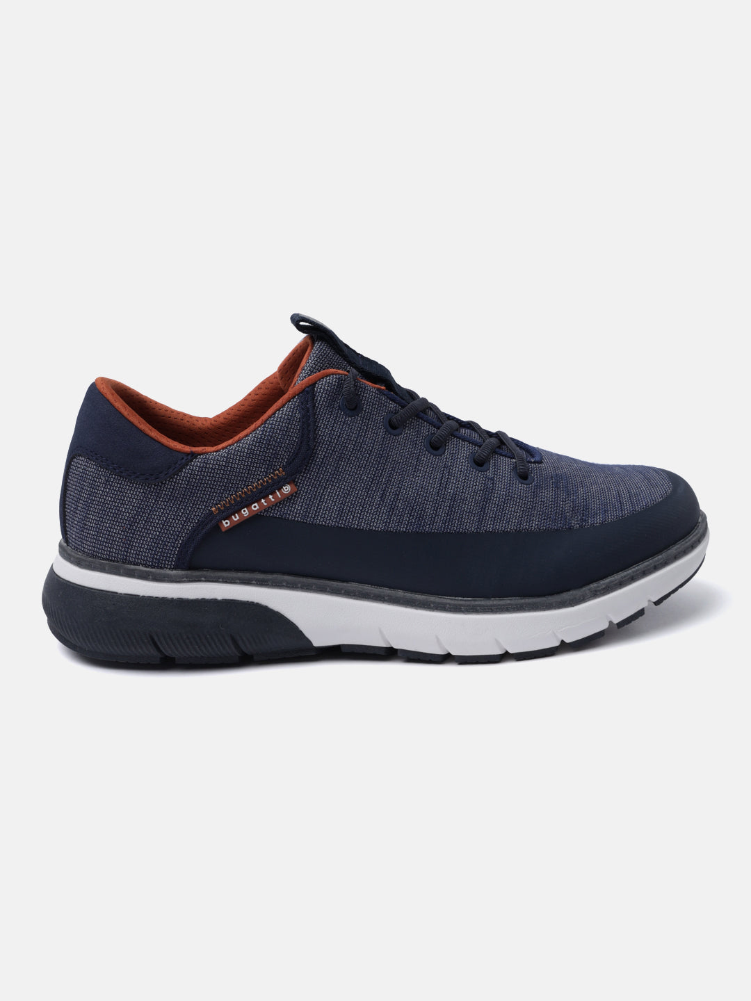 Dark blue sneaker by bugatti with navy accents, brown lining, and white and black sole, in a side view.