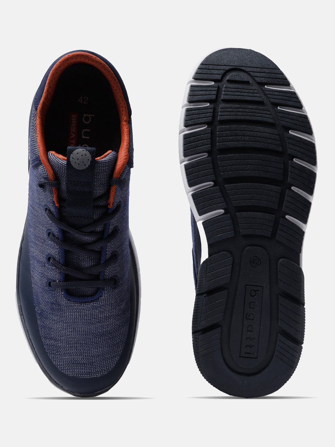 Dark blue sneakers by bugatti featuring orange trim, lace-up closure, and patterned sole.
