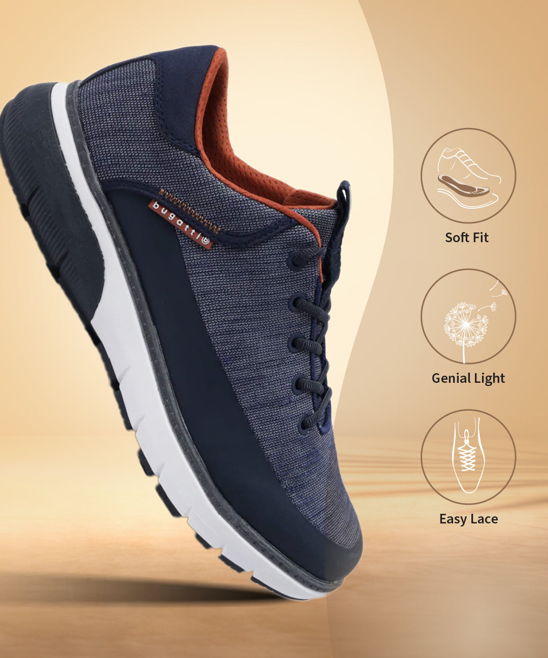 Dark blue comfort sneakers by bugatti with orange interior, white midsoles, and black soles.