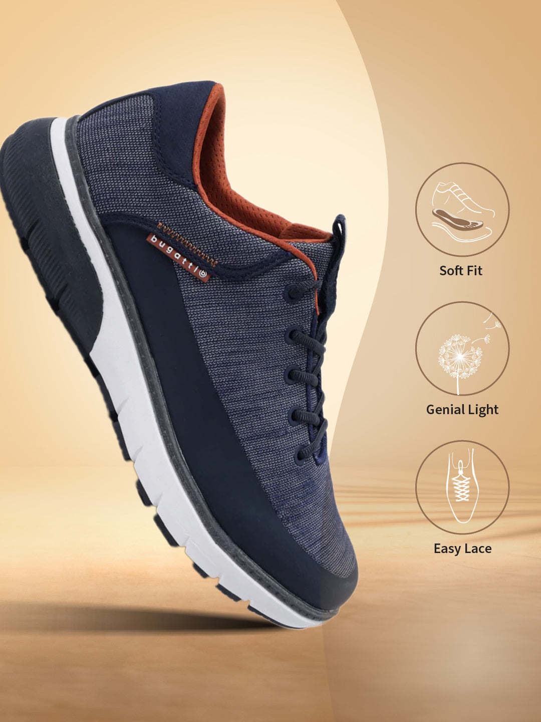 Dark blue comfort sneakers by bugatti with orange interior, white midsoles, and black soles.