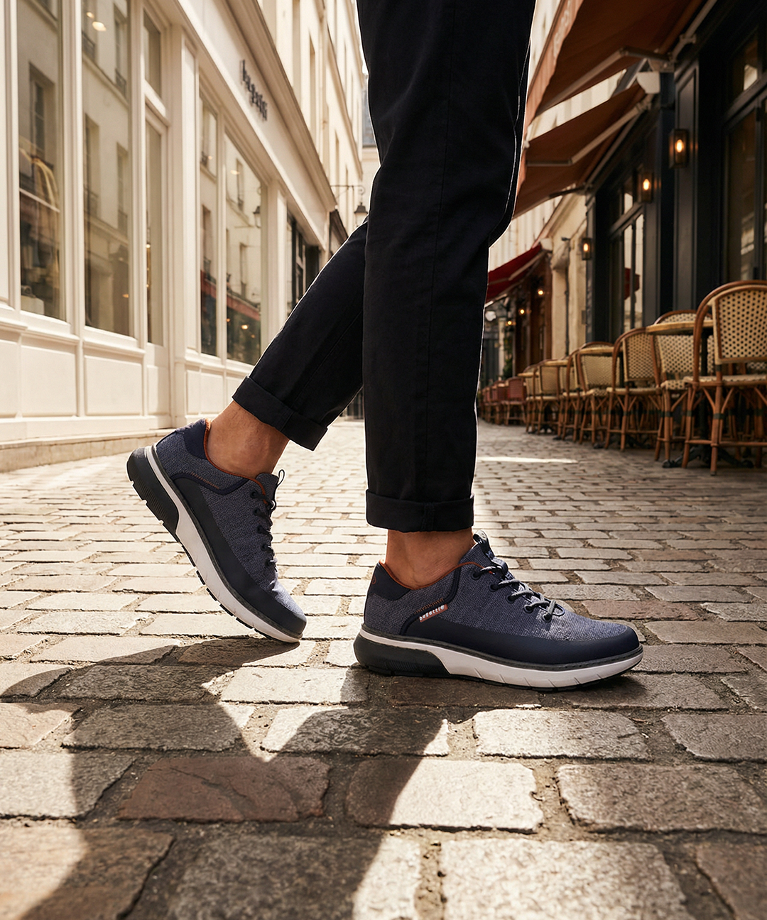 Dark blue sneakers by bugatti with gray accents and white soles, worn with black trousers on a cobblestone street.
