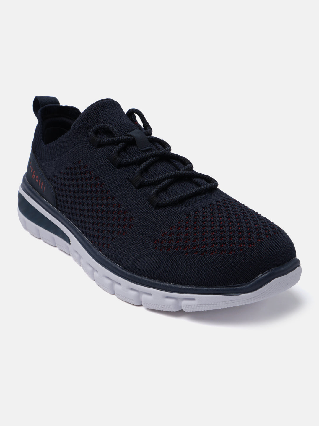 Dark blue knit sneakers by bugatti, featuring a textured upper, lace-up closure, and a white rubber sole.
