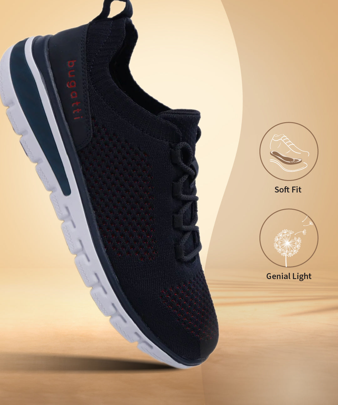 Dark blue comfort sneaker by bugatti, shown in a side view with a contrasting white sole.