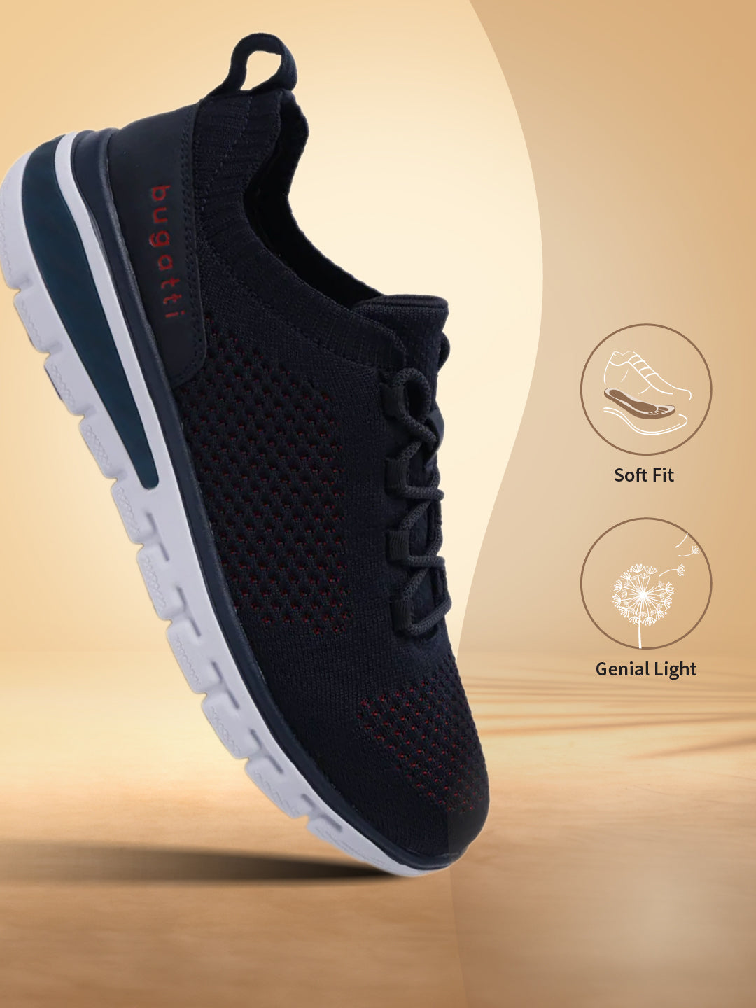 Dark blue comfort sneaker by bugatti, shown in a side view with a contrasting white sole.