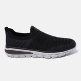 Black comfort sneakers by bugatti with a slip-on style, knit upper, and white sole.
