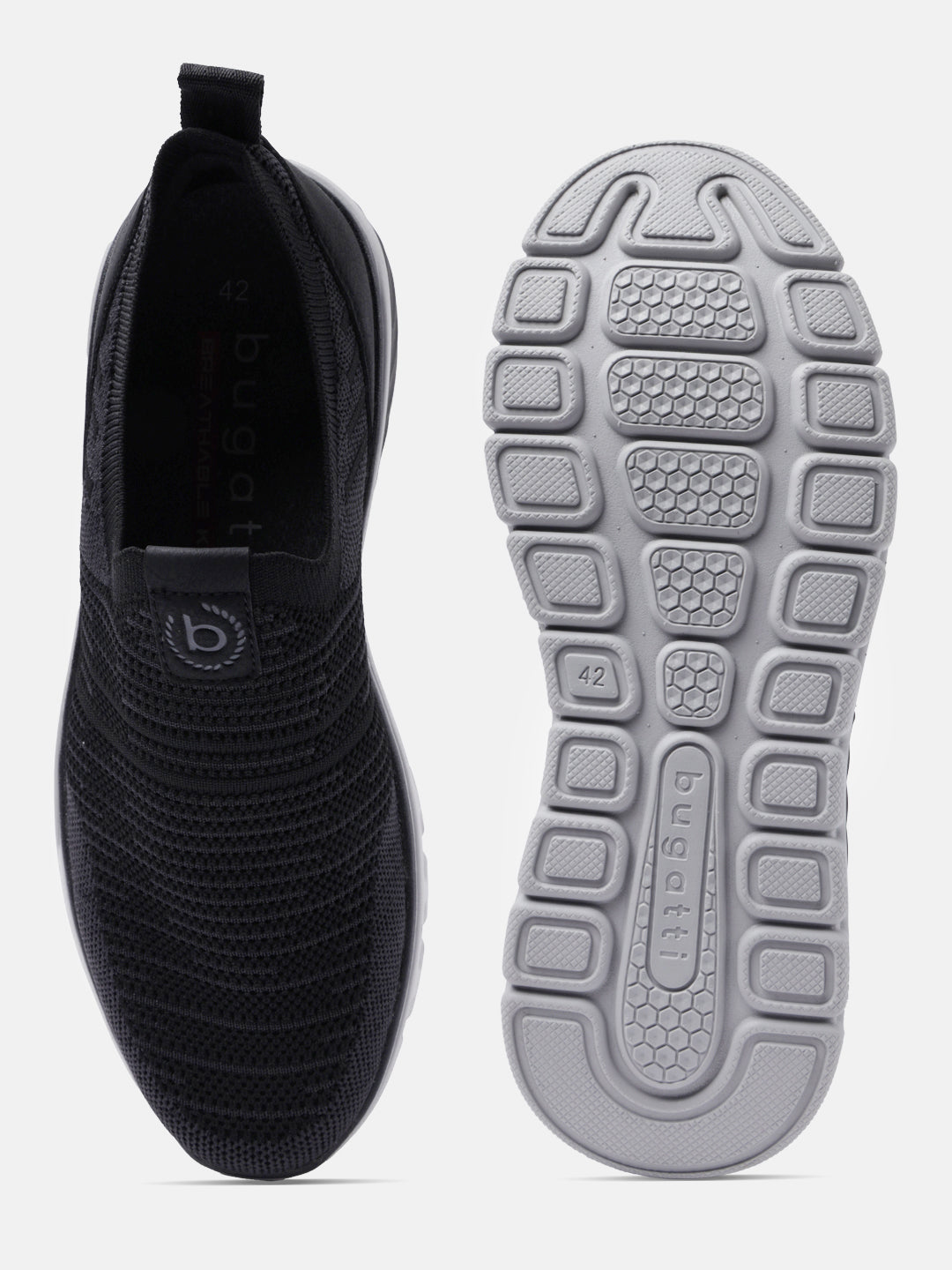 Black comfort sneakers by bugatti, featuring a knit upper and a patterned rubber sole.