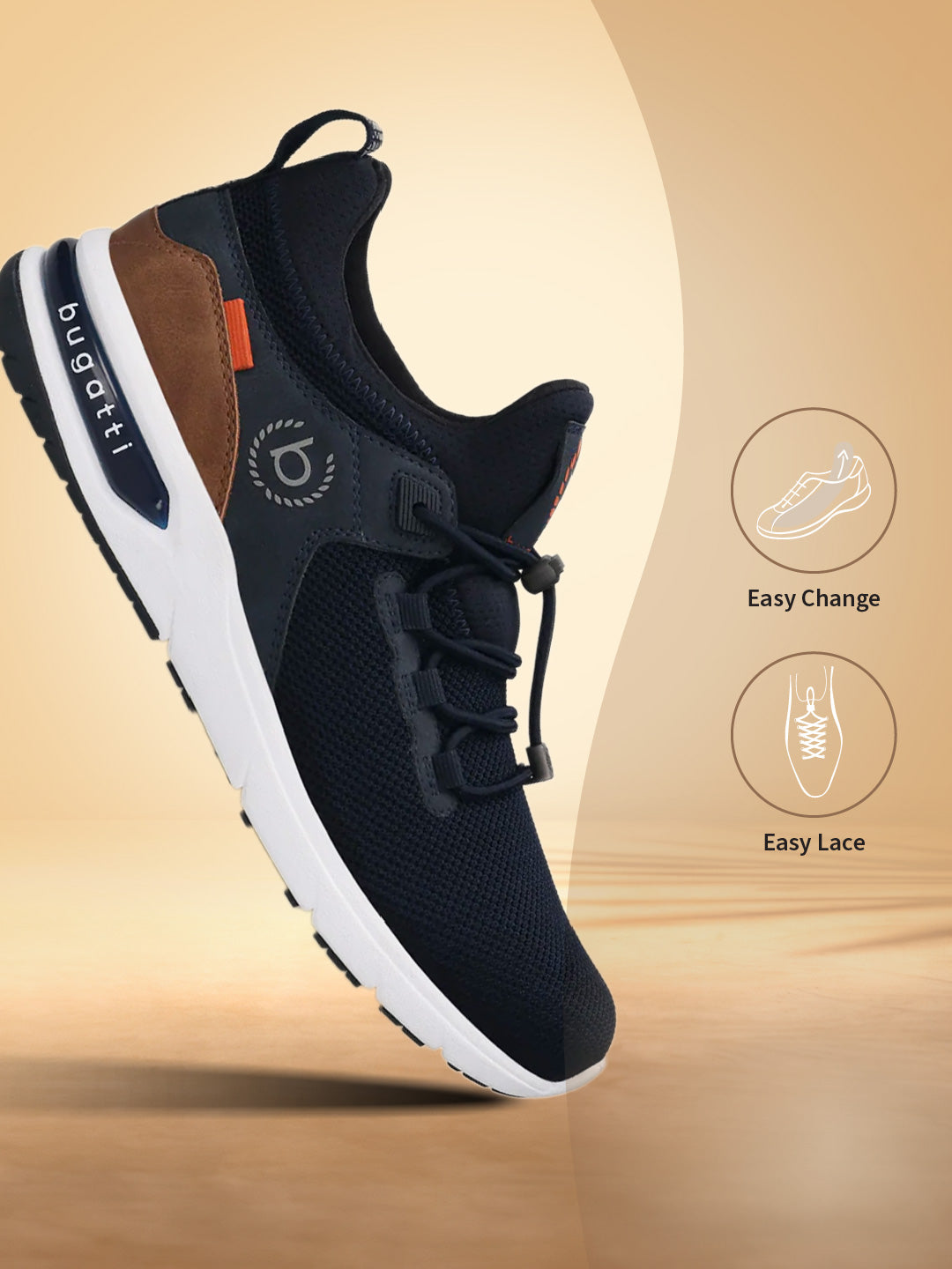 Dark blue comfort athleisure sneakers by Bugatti, featuring a white sole, easy lace, and brown accent heel.