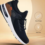 Dark blue comfort athleisure sneakers by Bugatti, featuring a white sole, easy lace, and brown accent heel.