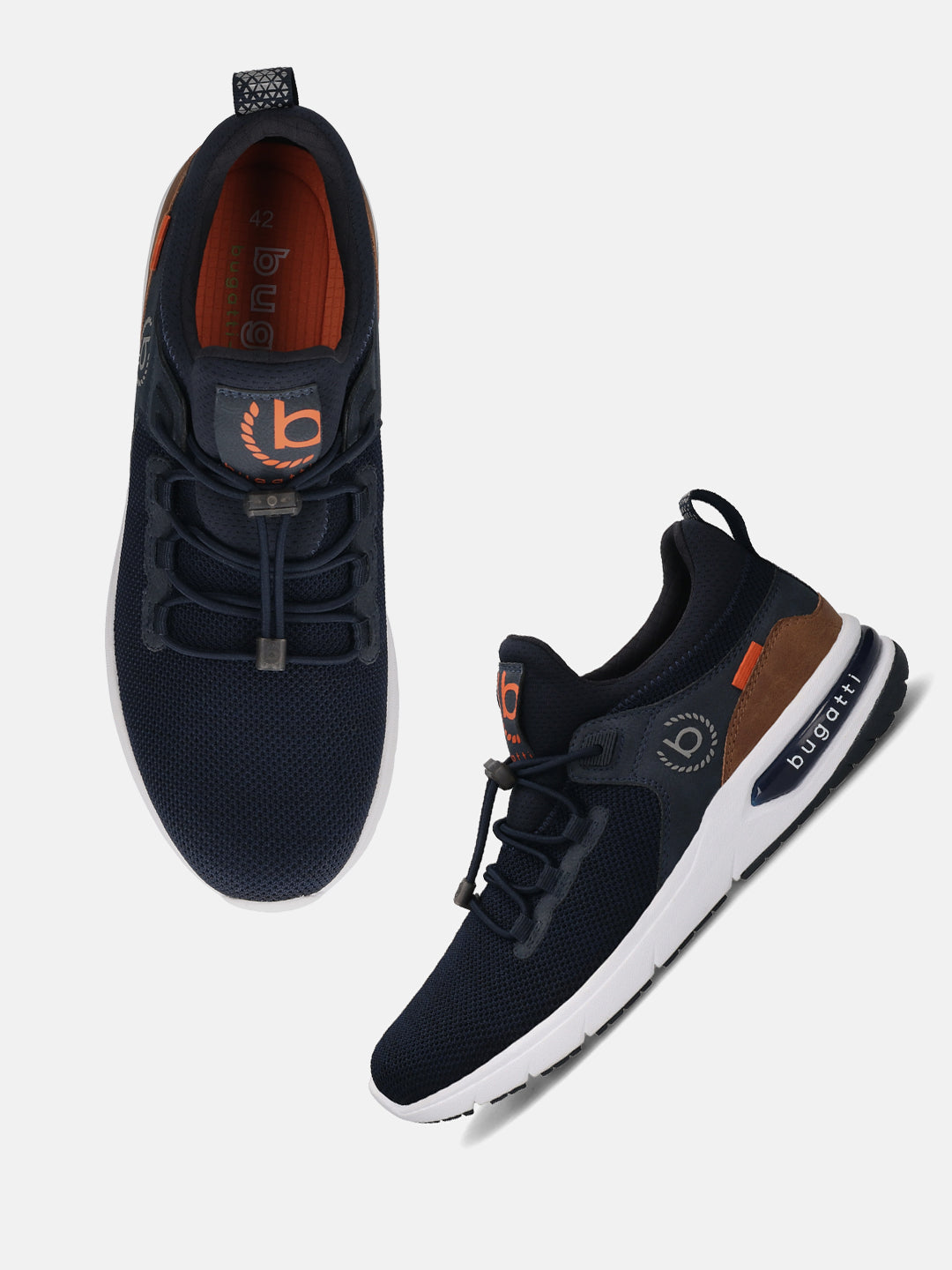 Dark blue athleisure sneakers by bugatti, with elastic lace-up closure and brown accents.