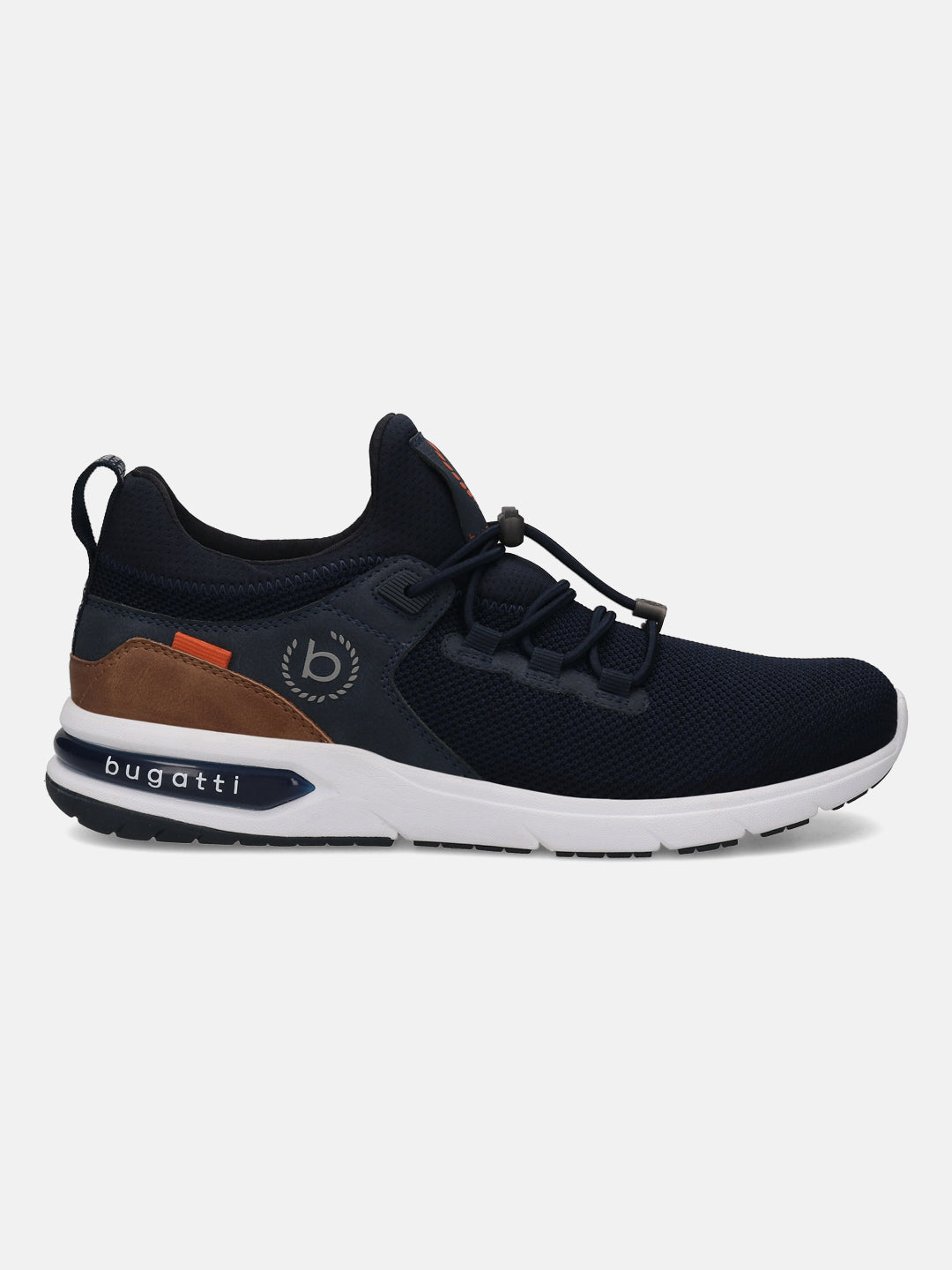 Dark blue comfort sneakers by bugatti, with a white midsole, brown accent on the heel and bungee laces.