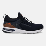 Dark blue comfort sneakers by bugatti, with a white midsole, brown accent on the heel and bungee laces.