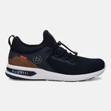 Dark blue comfort sneakers by bugatti, with a white midsole, brown accent on the heel and bungee laces.