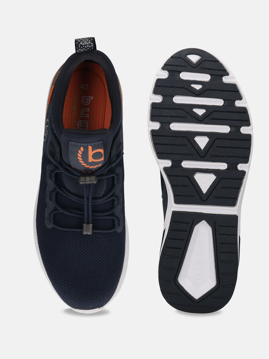 Dark blue athleisure sneakers by bugatti with orange accents, shown with visible soles.