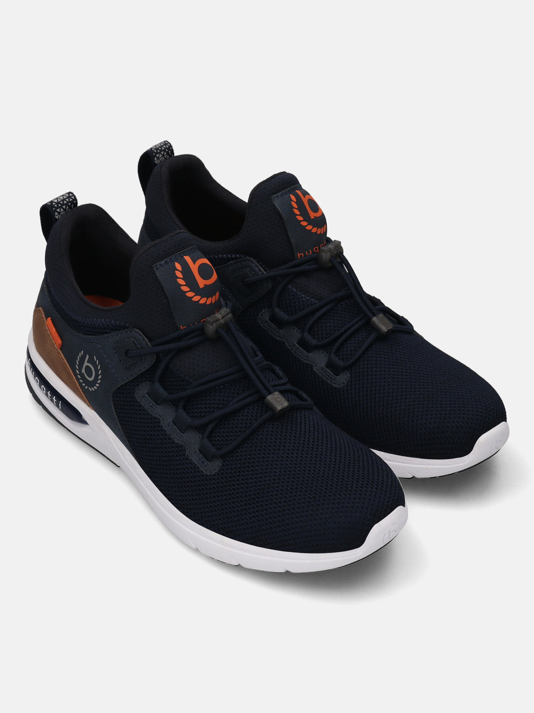 Dark blue athleisure sneakers by bugatti, featuring orange logo accents and a white sole.