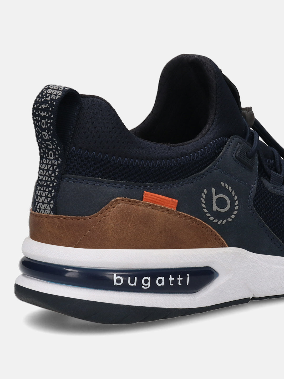 Dark blue athleisure sneaker by bugatti, with brown and orange accents on a white and navy sole.