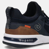 Dark blue athleisure sneaker by bugatti, with brown and orange accents on a white and navy sole.