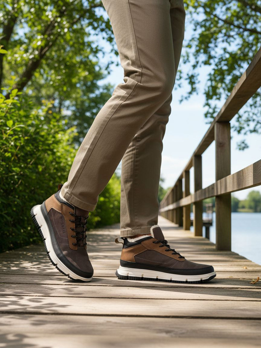 Brown and tan comfort casual boots by Bugatti, styled with a white midsole and worn with khaki trousers on a wooden boardwalk.
