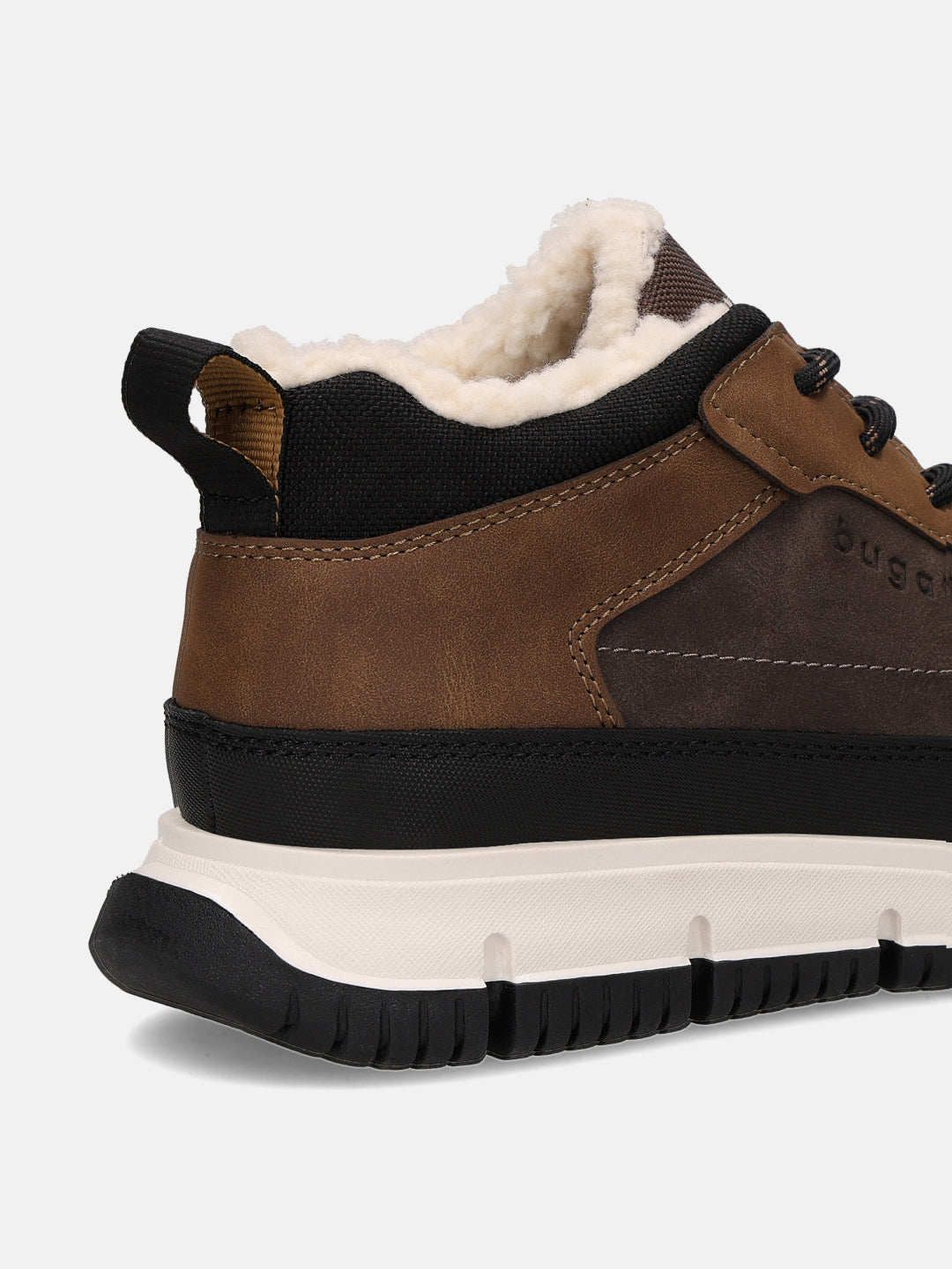 Brown comfort casual boots by Bugatti, with a faux fur lining and a black pull tab at the heel.