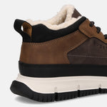 Brown comfort casual boots by Bugatti, with a faux fur lining and a black pull tab at the heel.