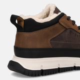 Brown comfort casual boots by Bugatti, with a faux fur lining and a black pull tab at the heel.