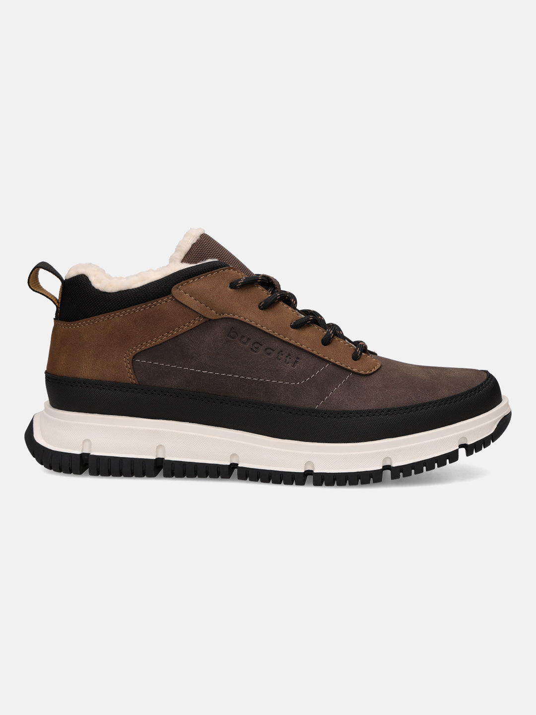 Brown and tan casual boots by Bugatti, with black accents and a thick, white midsole.