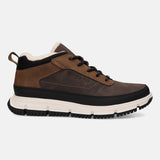 Brown and tan casual boots by Bugatti, with black accents and a thick, white midsole.