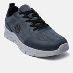 Blue textile sneaker by bugatti with black laces, and a light gray sole.