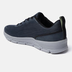 Blue comfort sneaker by bugatti with a textured design and grey midsole, shown in a back angle view.