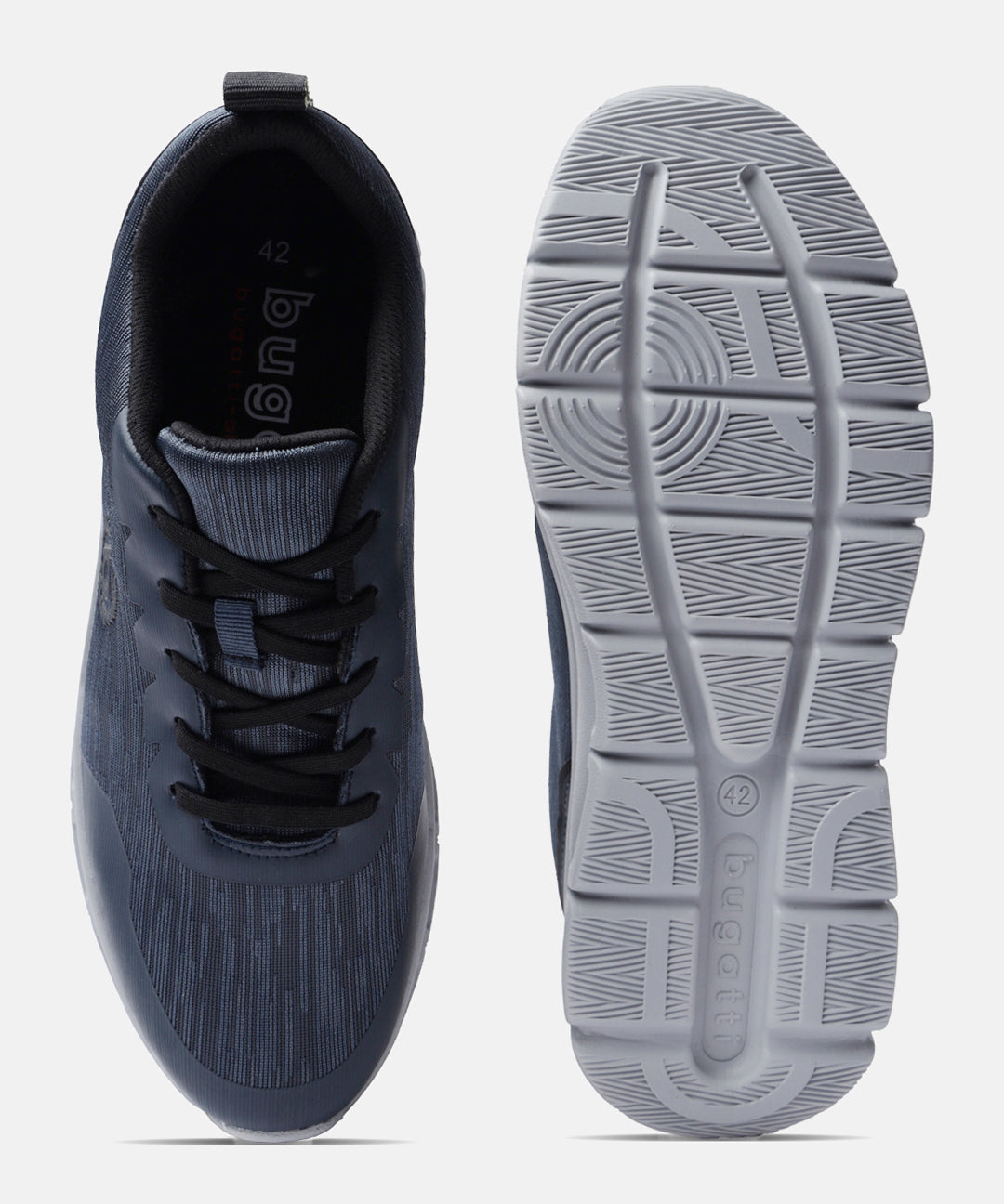 Blue comfort sneakers by bugatti with black laces, shown with the textured gray sole and the brand logo.
