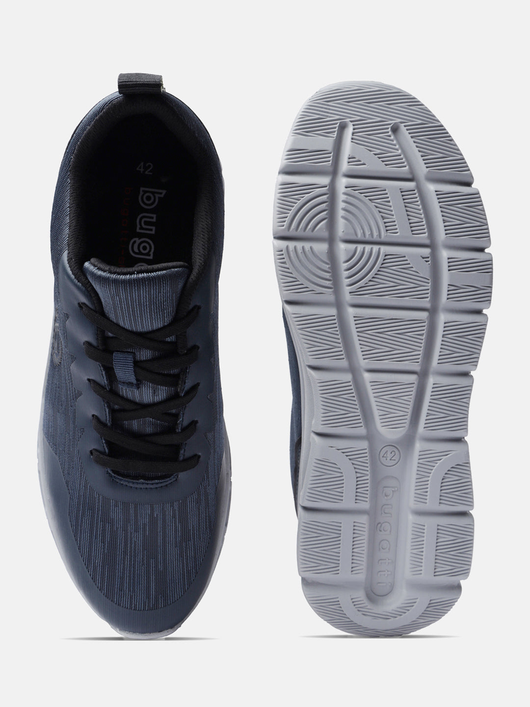 Blue comfort sneakers by bugatti with black laces, shown with the textured gray sole and the brand logo.
