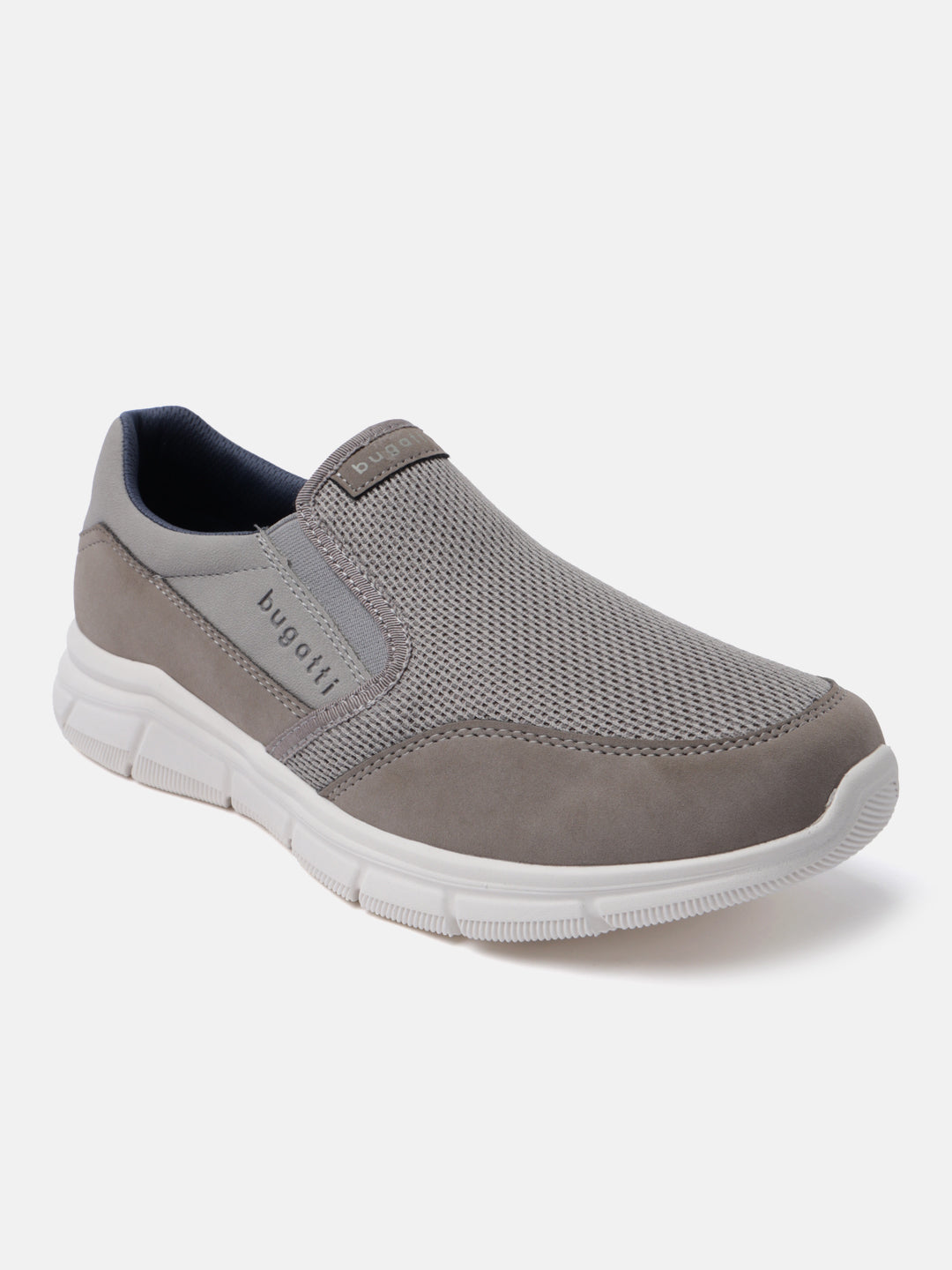 A grey Men's bugatti Slip-On Sneakers featuring a round plain toe, zero heels heel. Made from textile with a durable eva outsole, this slip-on design offers both style and comfort.