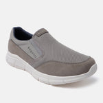 A grey Men's bugatti Slip-On Sneakers featuring a round plain toe, zero heels heel. Made from textile with a durable eva outsole, this slip-on design offers both style and comfort.
