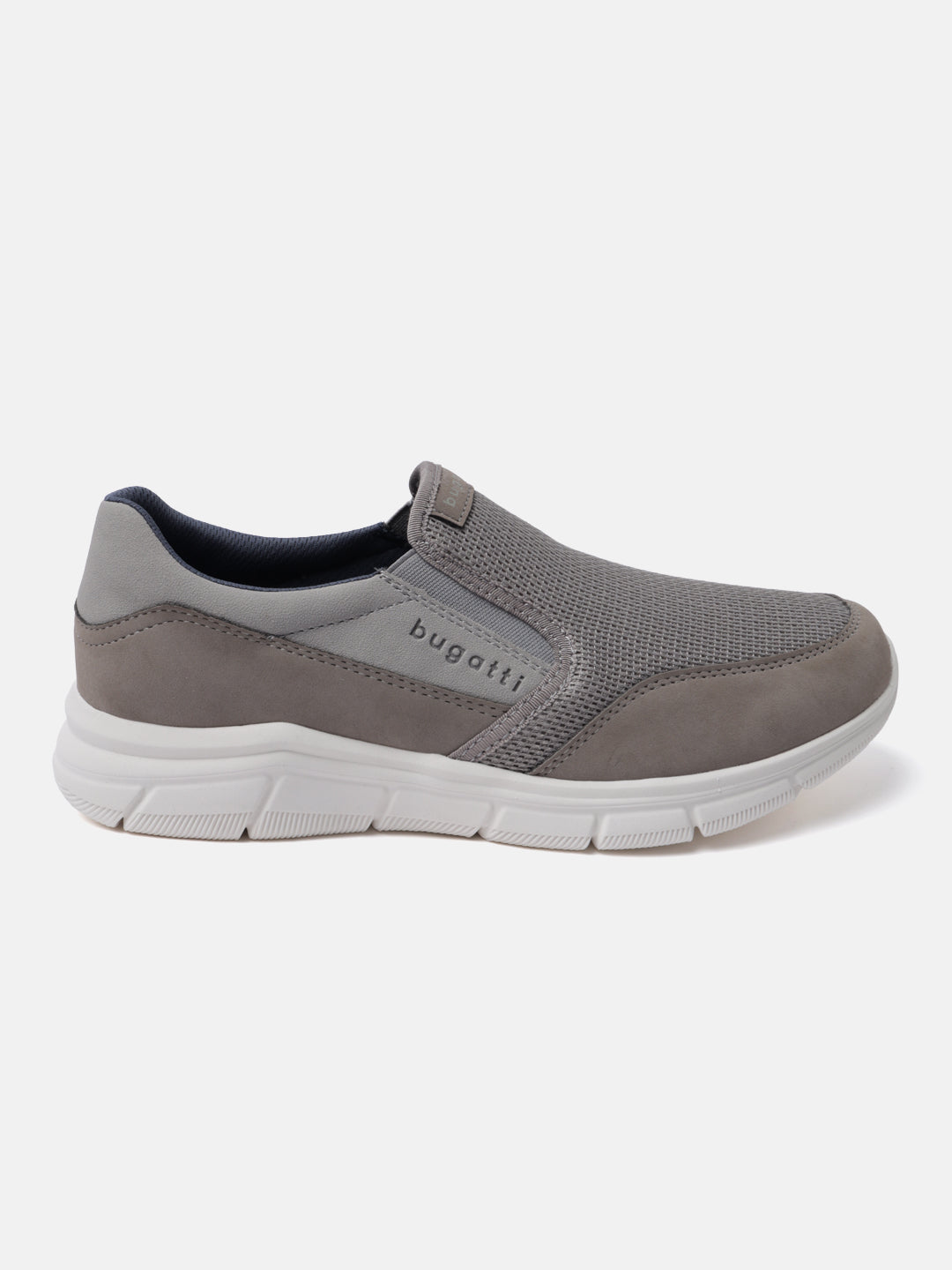 A grey Men's bugatti Slip-On Sneakers featuring a round plain toe, zero heels heel. Made from textile with a durable eva outsole, this slip-on design offers both style and comfort.