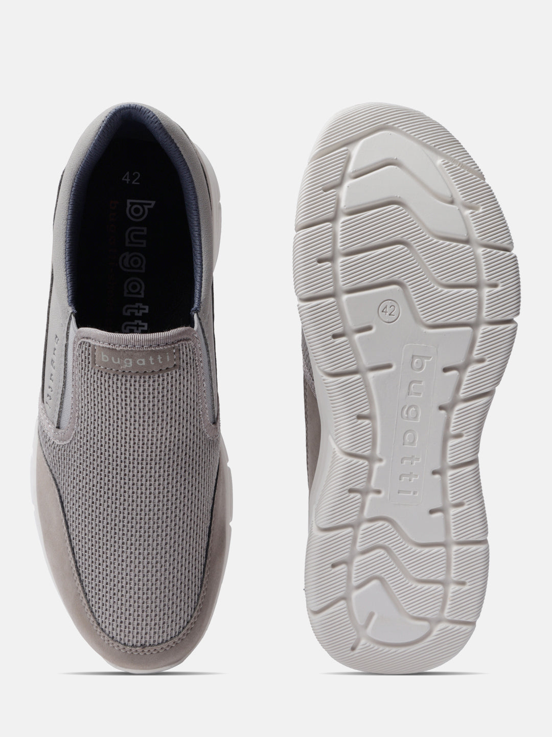A grey Men's bugatti Slip-On Sneakers featuring a round plain toe, zero heels heel. Made from textile with a durable eva outsole, this slip-on design offers both style and comfort.