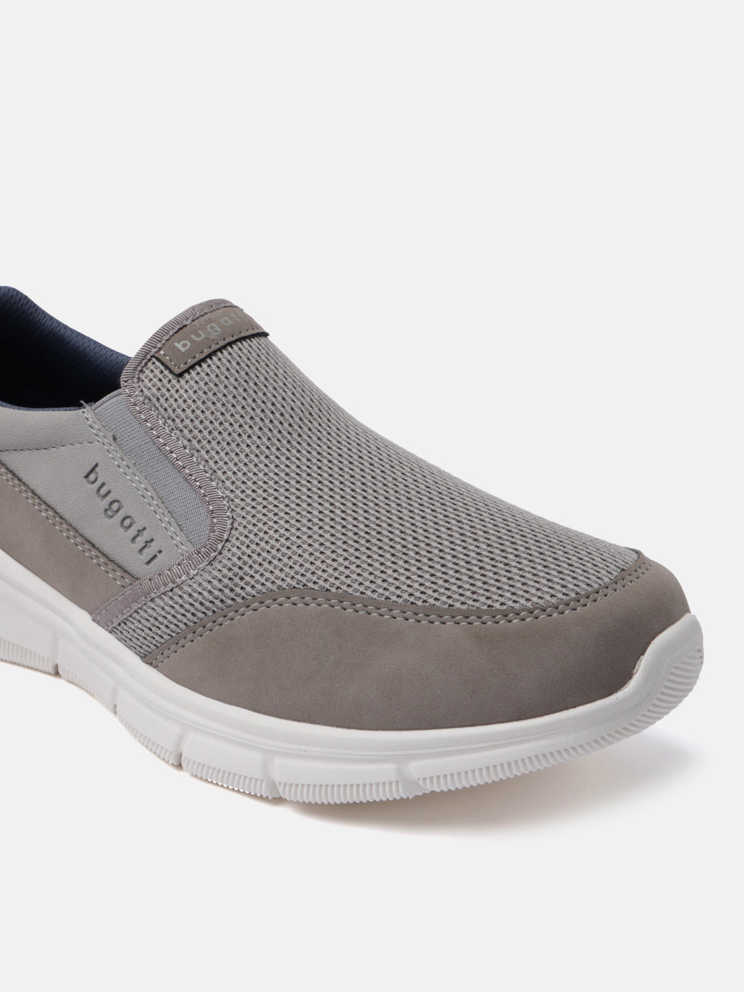 A grey Men's bugatti Slip-On Sneakers featuring a round plain toe, zero heels heel. Made from textile with a durable eva outsole, this slip-on design offers both style and comfort.