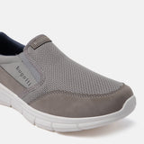 A grey Men's bugatti Slip-On Sneakers featuring a round plain toe, zero heels heel. Made from textile with a durable eva outsole, this slip-on design offers both style and comfort.