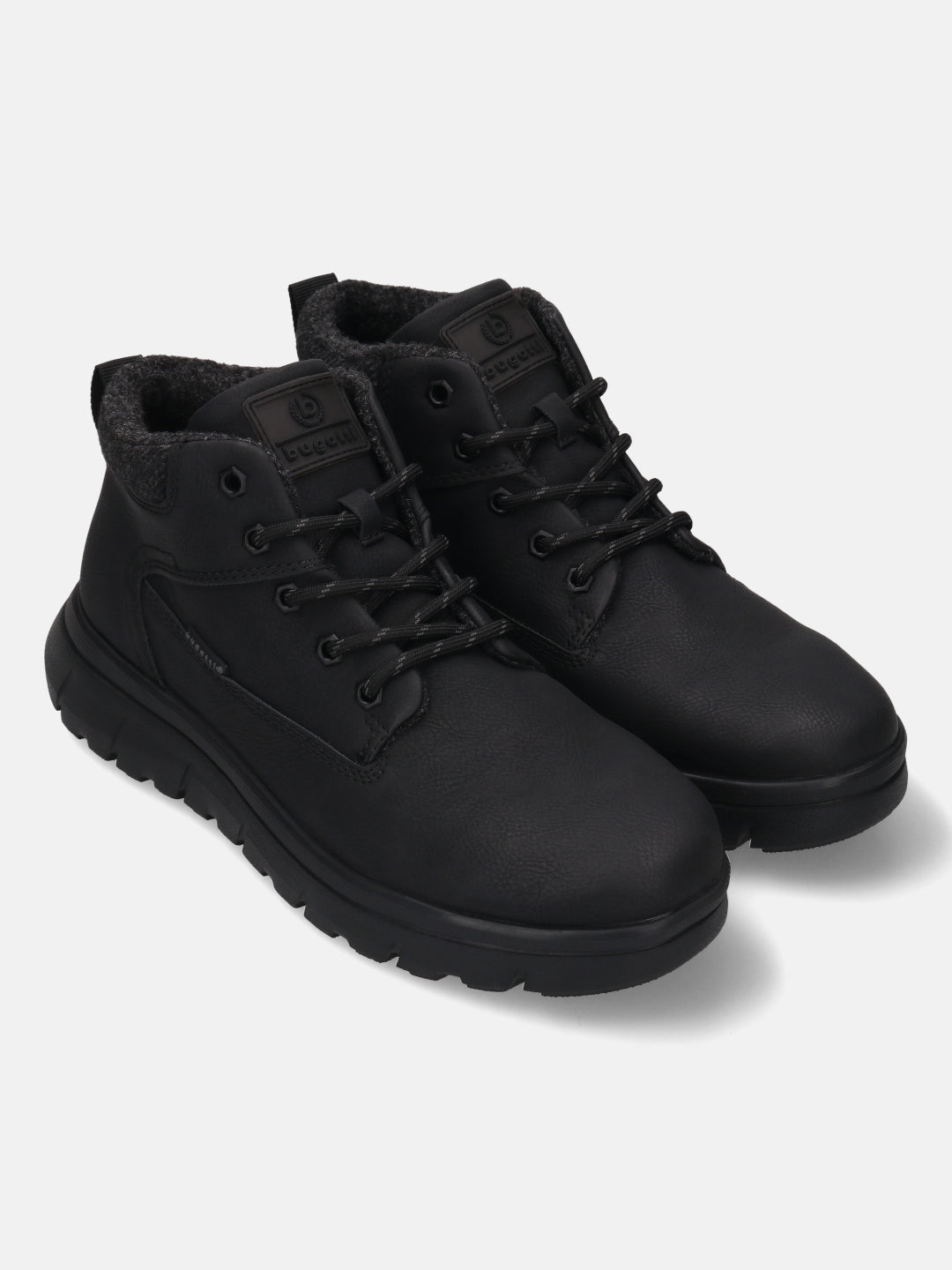 Black casual boots by Bugatti with textured upper and lace-up closure.
