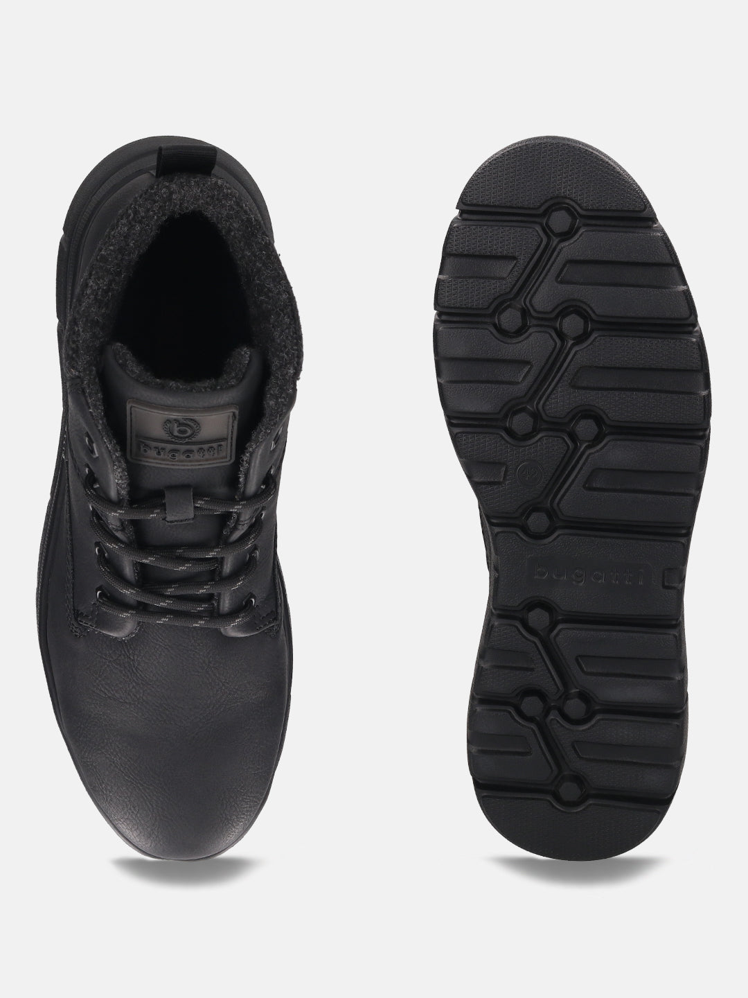 Black casual boots by Bugatti with faux fur lining and patterned tread.