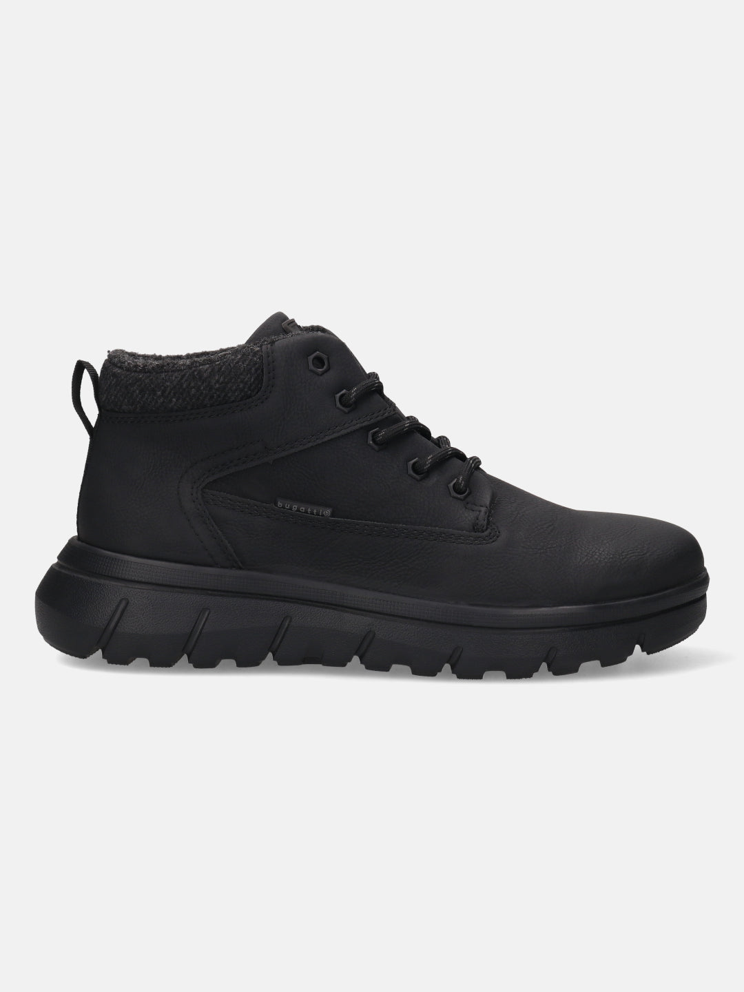 Side view of a pam black Bugatti boot, a casual style with a textured sole and lace-up closure.
