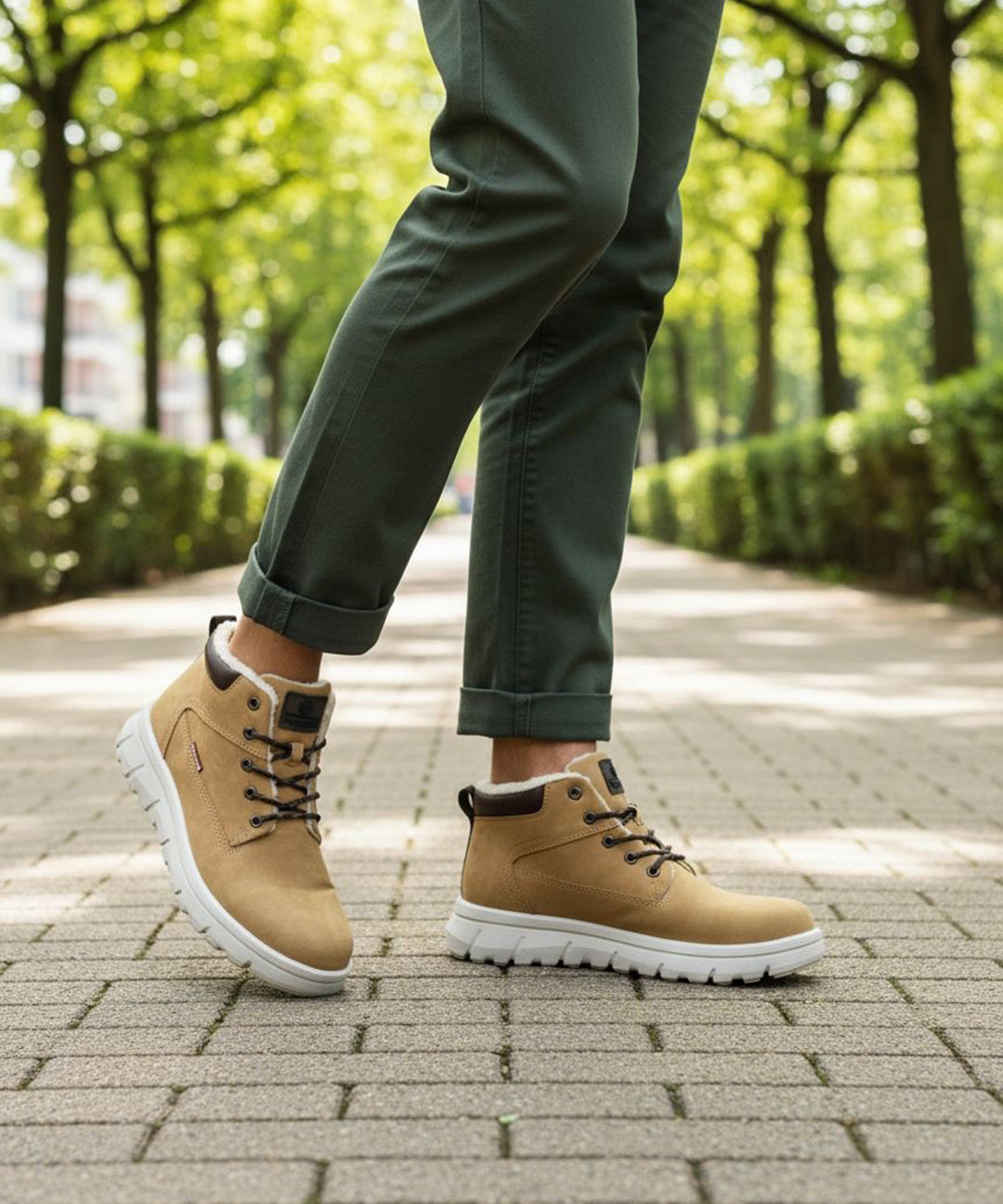 Tan casual comfort boots by Bugatti, with a white treaded sole and olive green rolled-up trousers.
