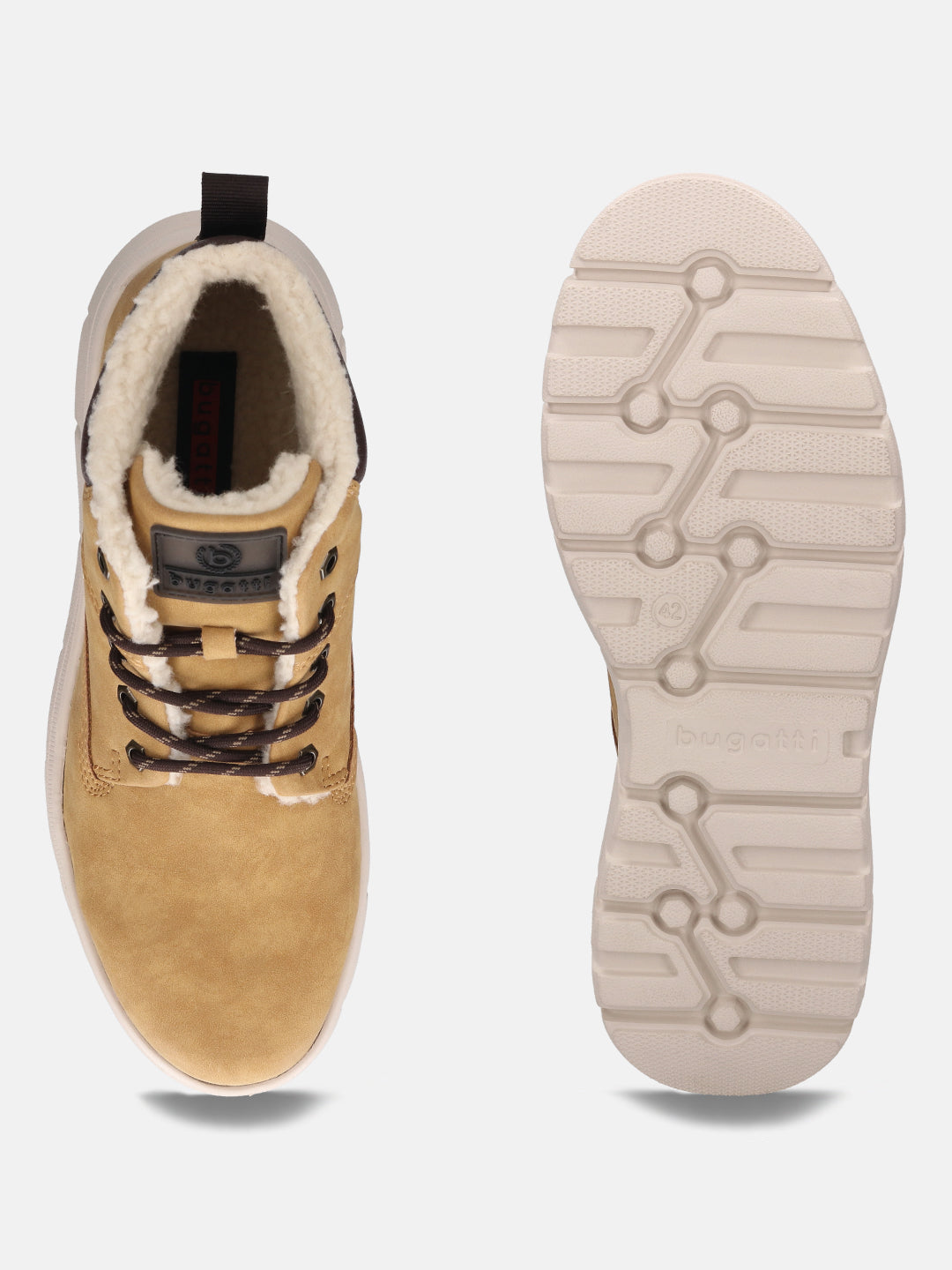 Tan comfort casual boots by Bugatti, with faux fur lining and lug sole.