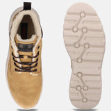 Tan comfort casual boots by Bugatti, with faux fur lining and lug sole.